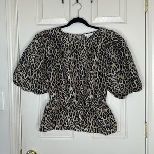 H&M Leopard Print Puff Sleeve Peplum Blouse – Bold Animal Print Top Size L